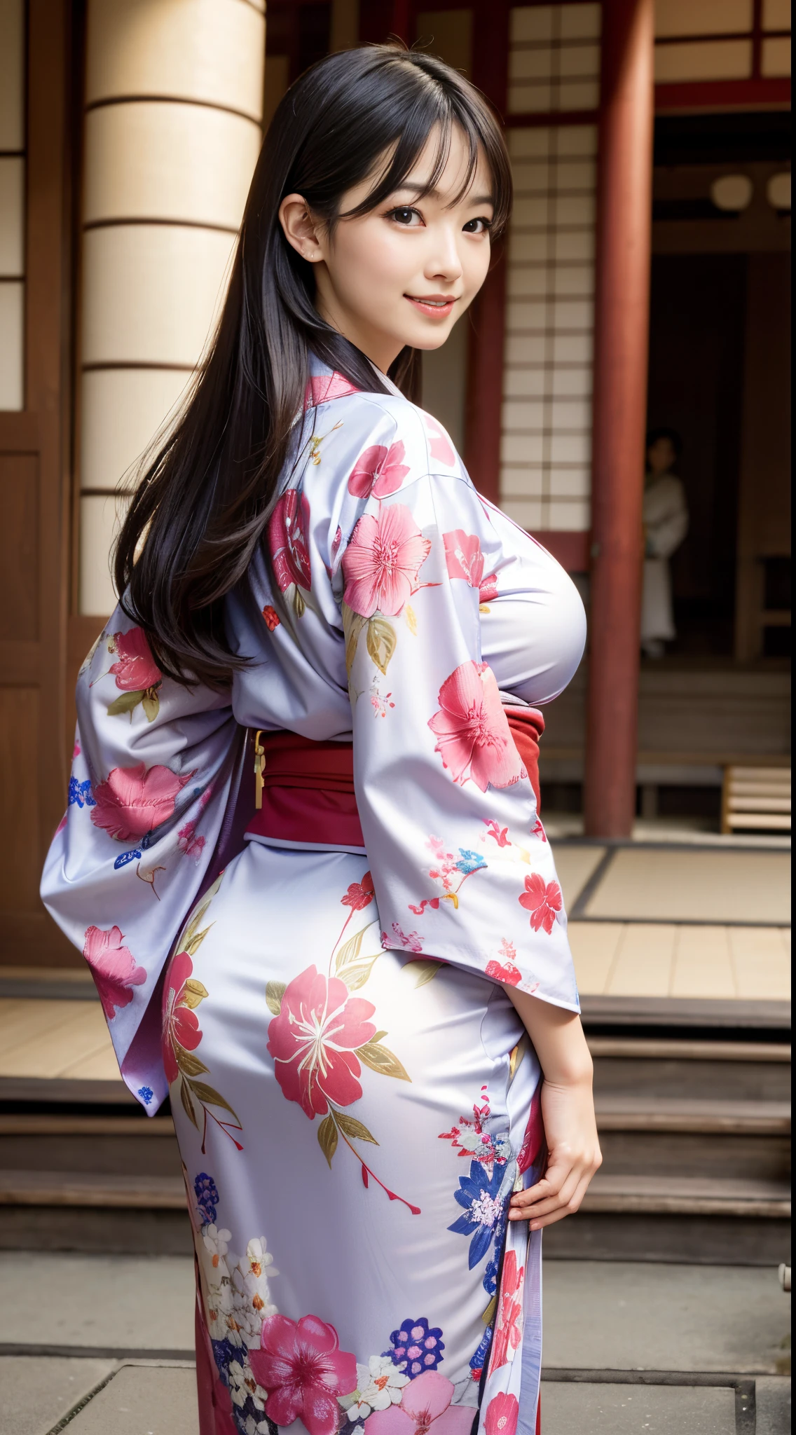 street fashion photography photo of a 25 year old brazilian woman, (porter de l&#39;uchikake (kimono de mariage):1.3), bon, haut du corps, hard light, niveau des yeux, huge visible breasts. Grosse fesses. 