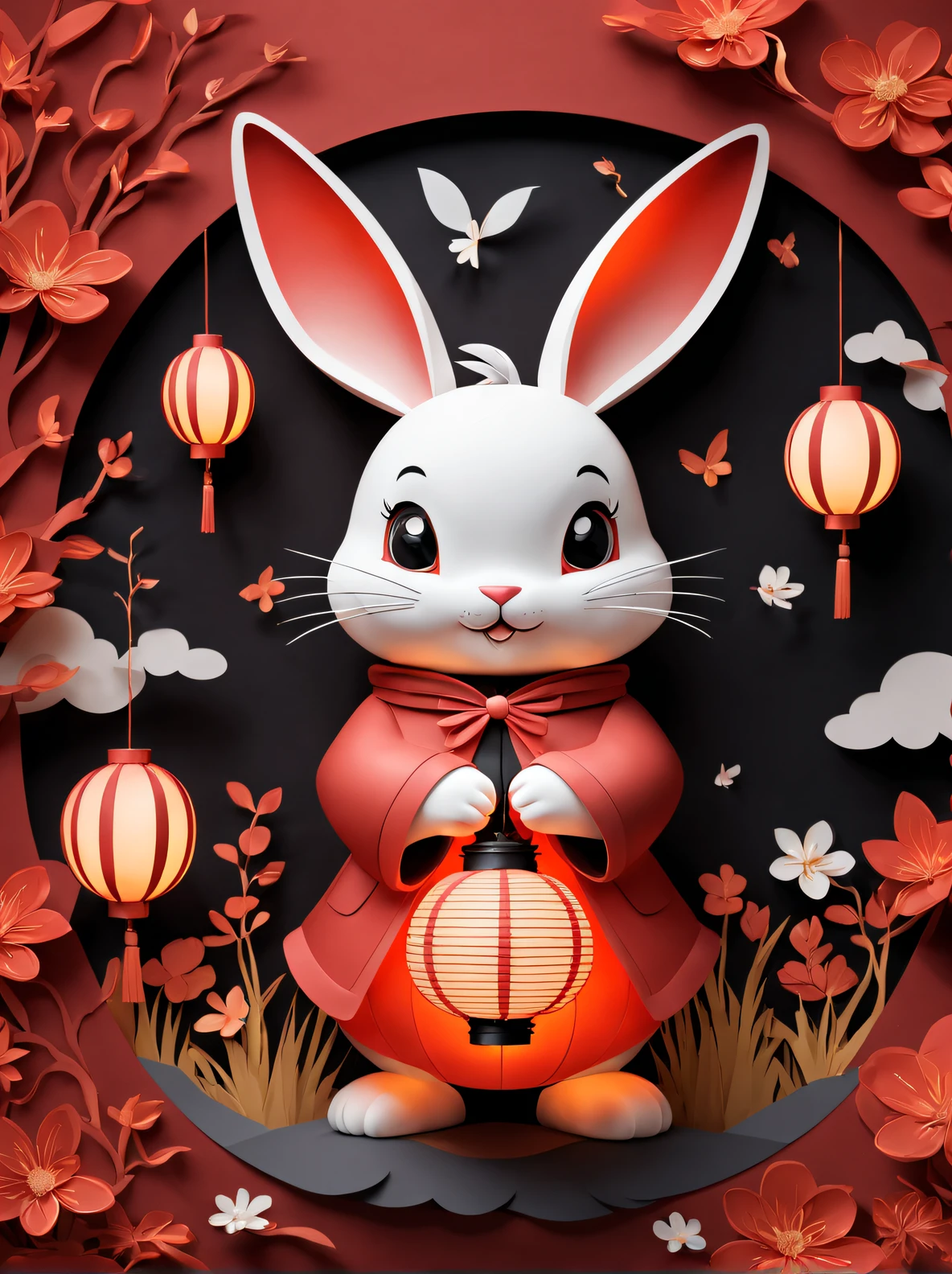 （Product design），Cute anthropomorphic rabbit-shaped red lantern, Background with：The color is black，3D paper,paper cut out,