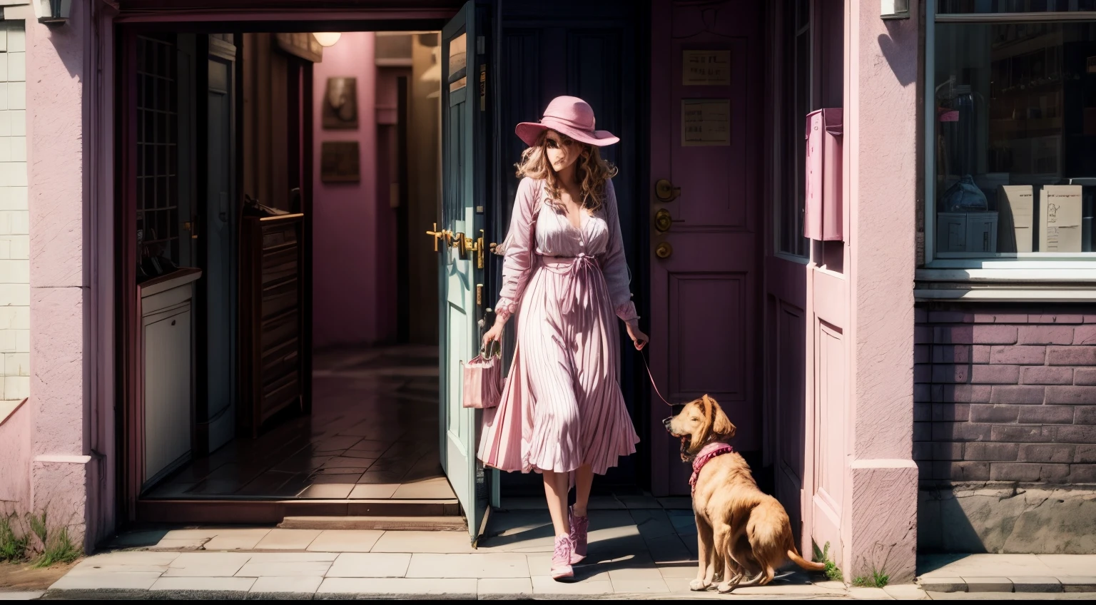 pink dreamy scene,is a street,british decoration,Beautiful woman passing by the door holding her dog,It's a commercial street,Selling a lot of things that girls like