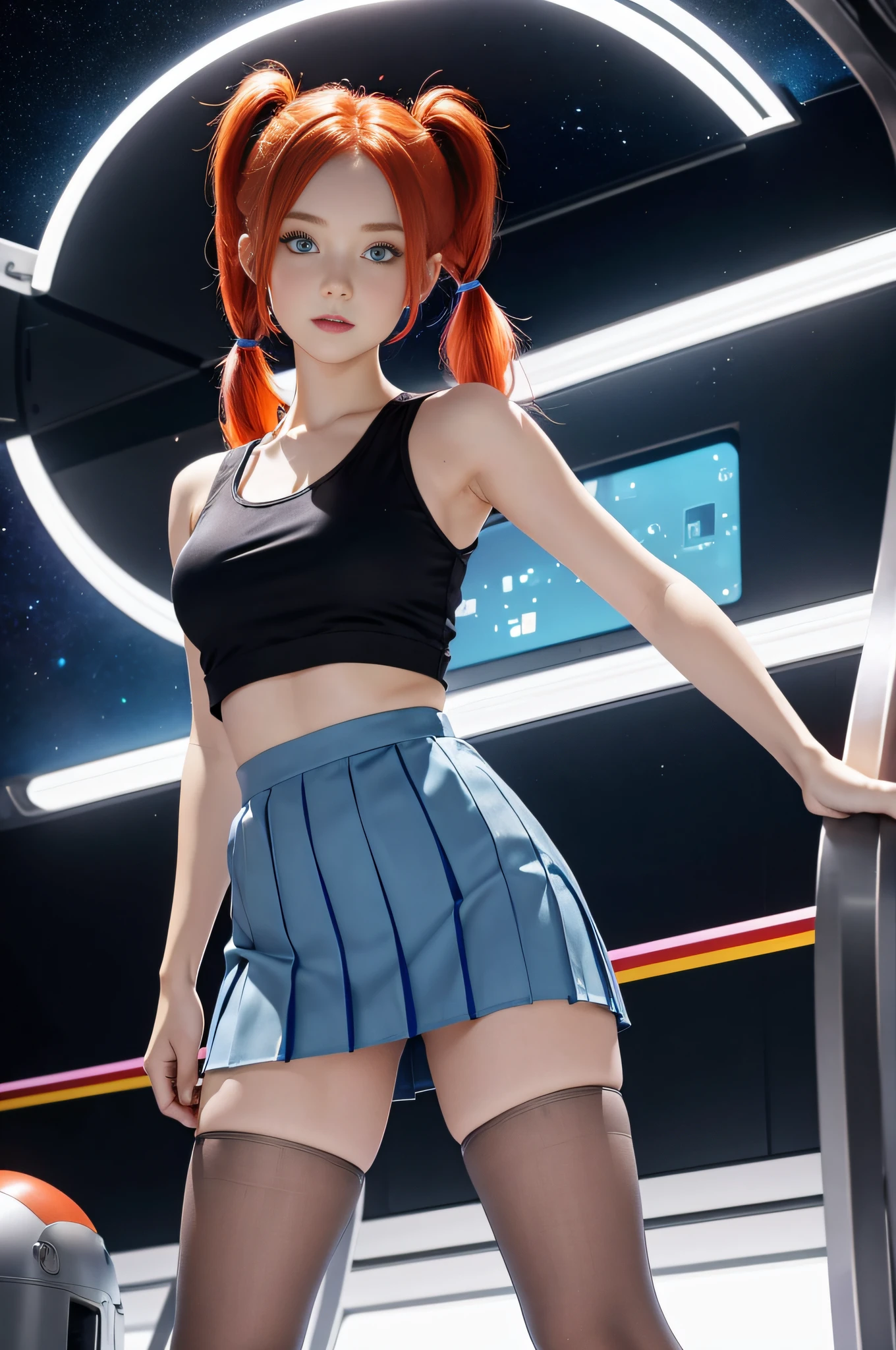 cute redhead with rainbow colored hair tips, 18-year-old woman, happy, in twin tails, perfect eyes, blue eyes, pale skin, silky smooth skin, standing on a fancy metal luxurious space ship, dark warm lighting, wearing a silk tank top (sheer) and a pleated mini skirt, wearing full body pantyhose, cute leather short cut booties.