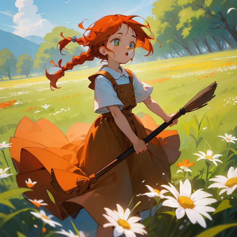 High Detail, Ultra Detail, Ultra High Resolution A cute and innocent girl, enjoying her time in the open field, surrounded by the beauty of nature, warm sun sprinkling on her, wildflowers gently swaying in the breeze, trees with white flowers, Butterflies and birds flutter around her, adding to the playful atmosphere, riding a broom stick up in a blue sky, (green eyes, red-orange hair, braided hairstyle)(wearing a brown dress)
