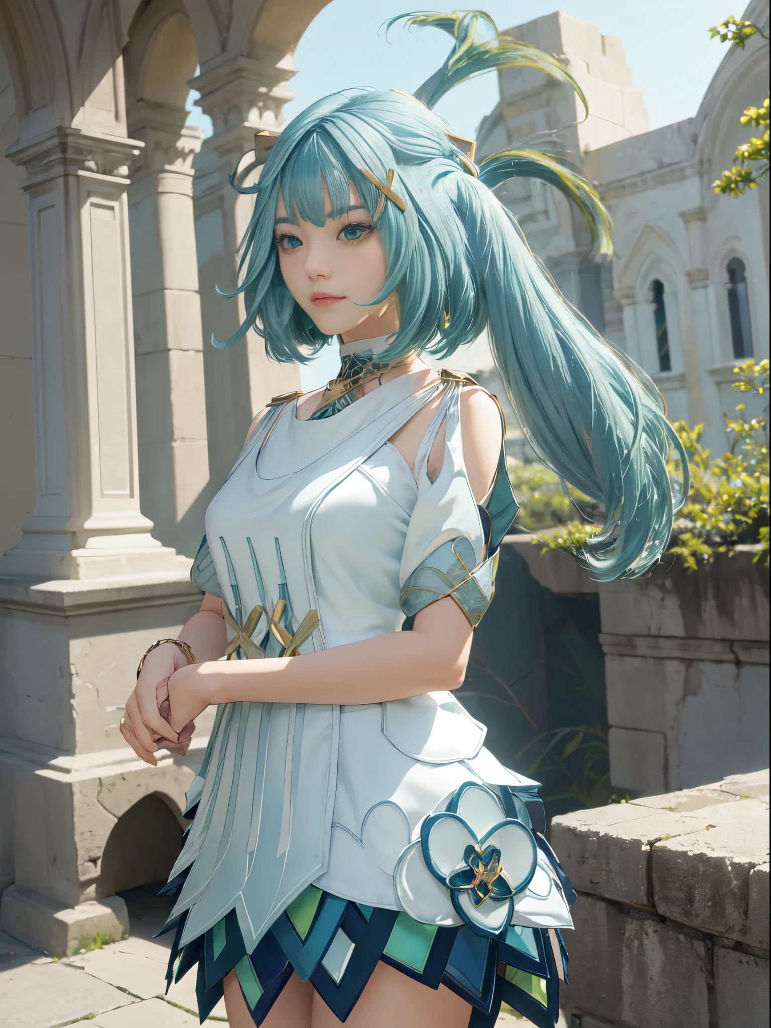 (1girl in), (masutepiece), (Perfect face), (perfect hand), (Symmetrical facial proportions), light green hair、ssmile、(Best Quality), - 8K - UHD - Hyperdetail、Raw photo、Real image quality、The background is an ancient ruin