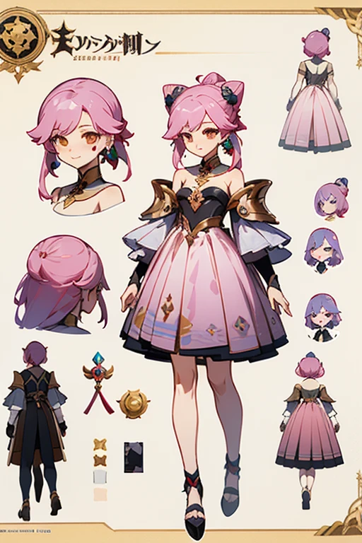 brownish dark pink hair wearing rose alampay pink dress, anime character reference sheet, reference sheet, full body!, [ character design ], design sheet, character reference sheet, long Pale brownish pink hair with sampaguita one hair bun (one right next sampaguita on her hair) with and golden brown eyes, single character full body Genshin style, , official artwork, CG, art

Tala/>~Gender : Female~Size : medium female~Rarity: 5★~Weapon: , Catalyst~Element: Anemo~Nation: Mondstadt ((she is born in Sumeru and Raised in Mondstadt)) good art