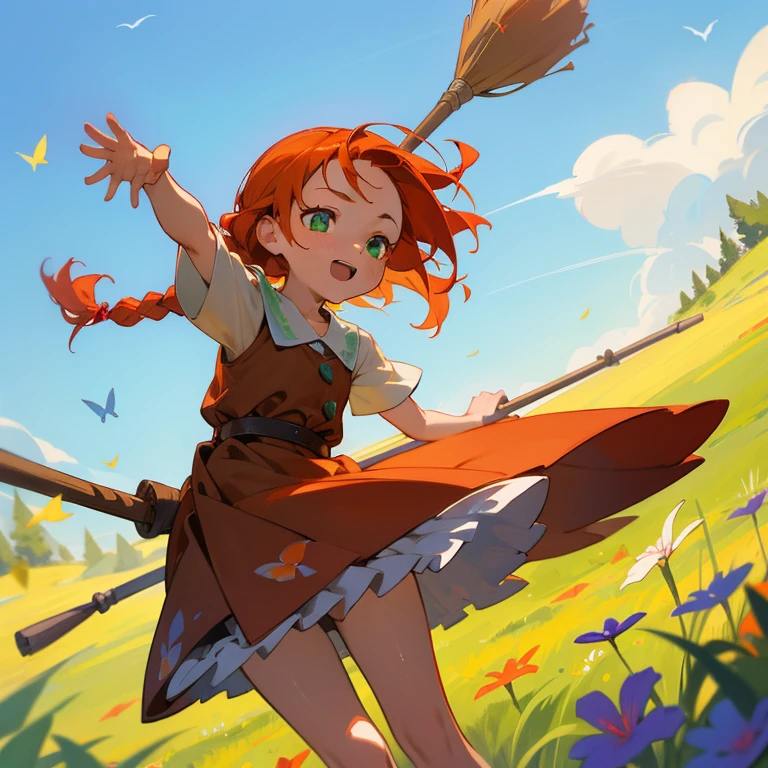 High Detail, Ultra Detail, Ultra High Resolution A cute and innocent girl, enjoying her time up in the sky riding her broomstick, surrounded by the beauty of nature, warm sun sprinkling on her, wildflowers gently swaying in the breeze, Butterflies and birds flutter around her, adding to the playful atmosphere, riding a broom stick up in a blue sky, (green eyes, red-orange hair, braided hairstyle)(wearing a brown dress)