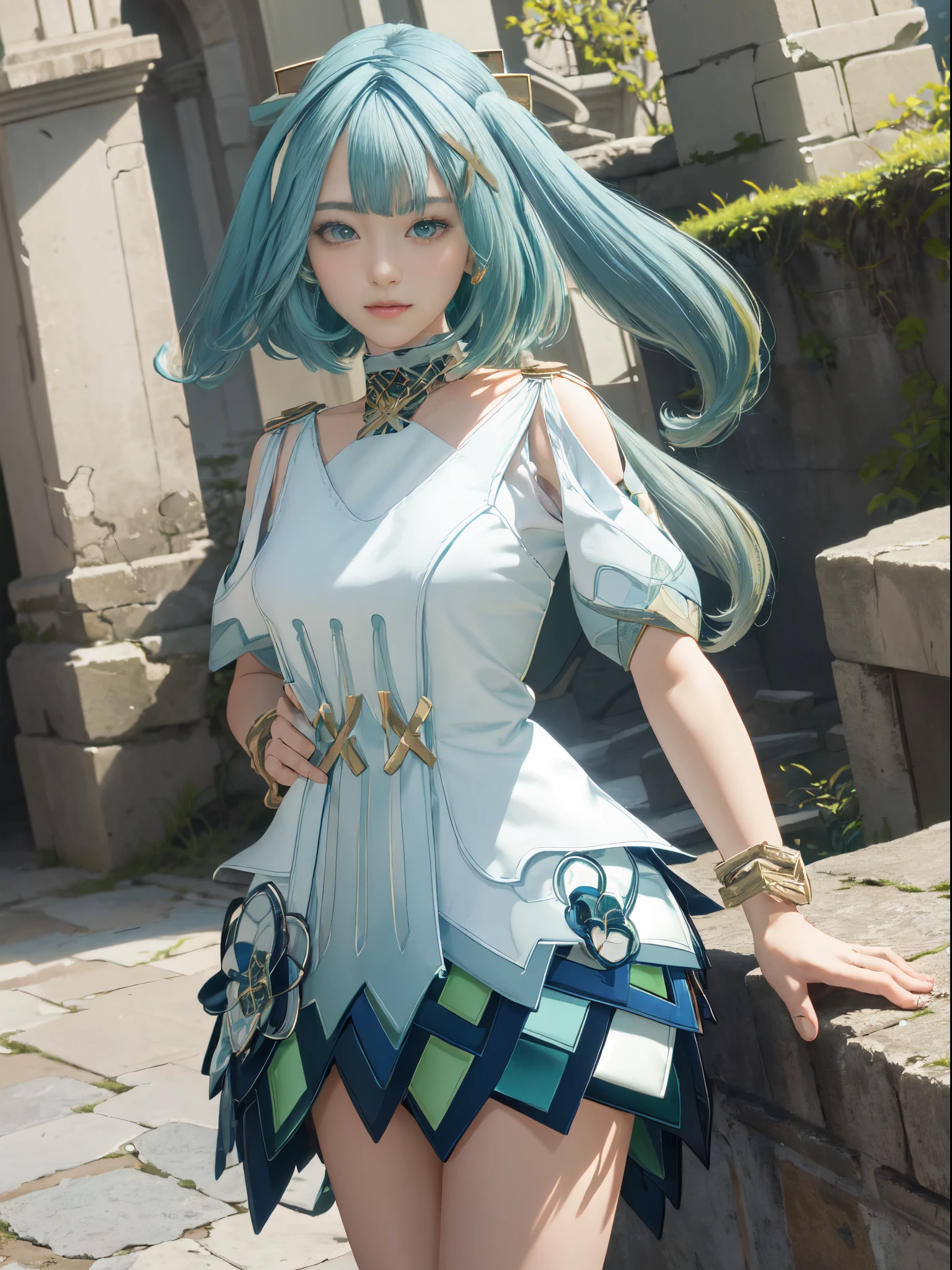 (1girl in), (masutepiece), (Perfect face), (perfect hand), (Symmetrical facial proportions), light green hair、ssmile、(Best Quality), - 8K - UHD - Hyperdetail、Raw photo、Real image quality、The background is an ancient ruin