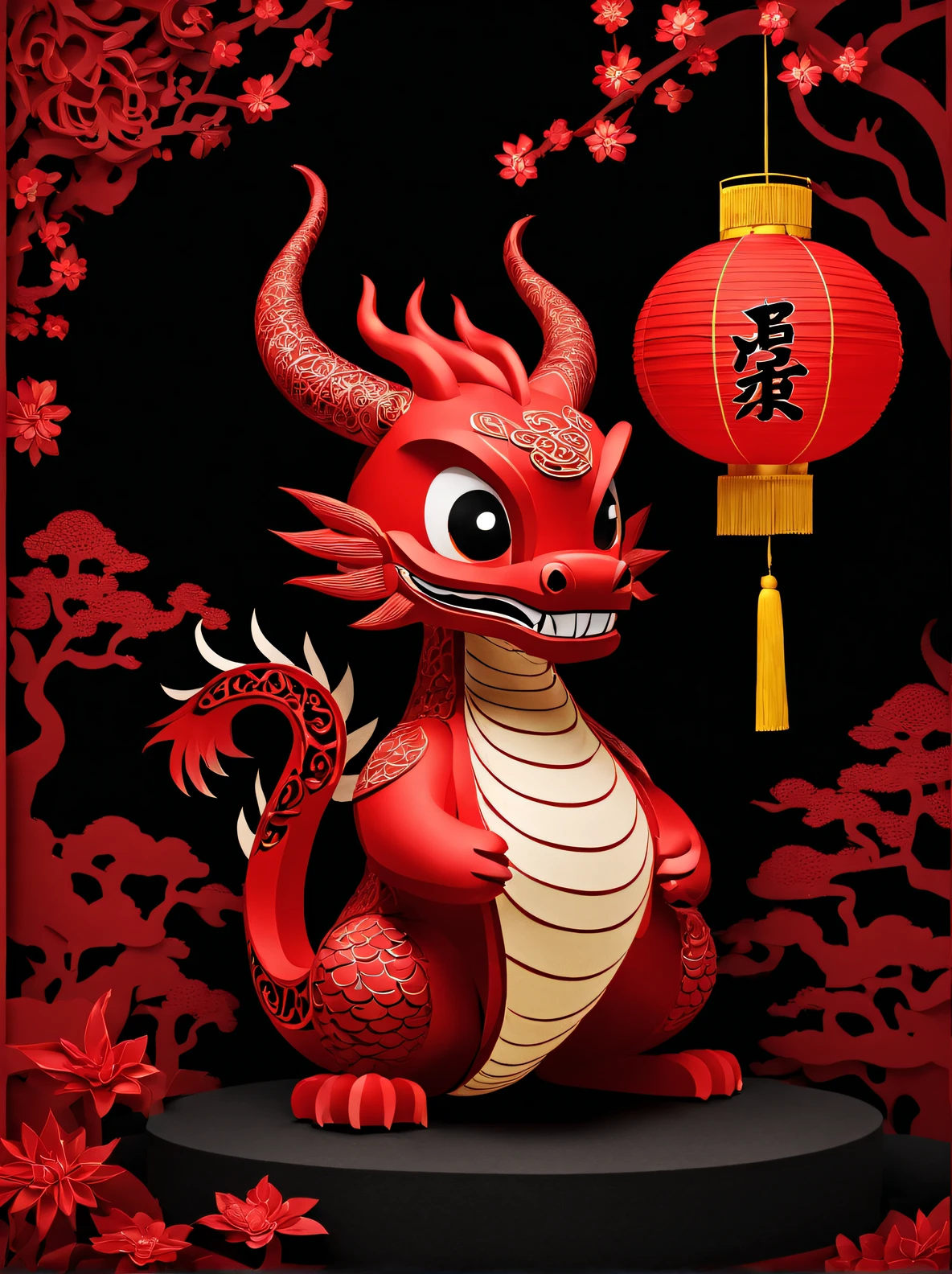 （Product design），（Item design），（Red lanterns,designs），Cute anthropomorphic chinese dragon shaped red lantern, Background with：The color is black，3D paper,paper cut out,