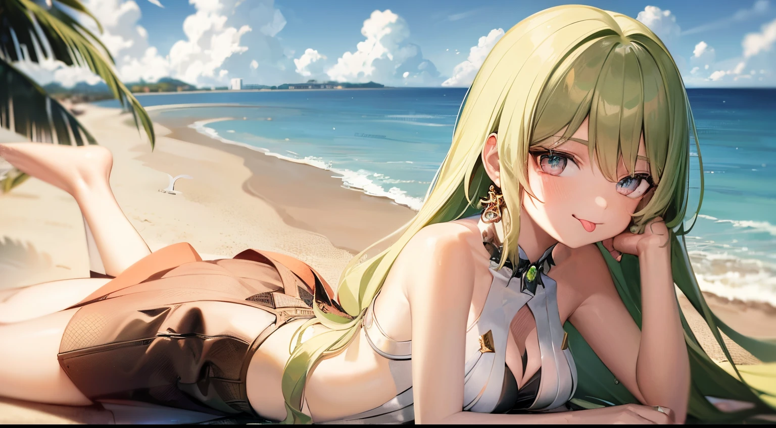 a girl wearing a long dress laying on the beach with the sea behind her, dress, sundress, skirt, mini skirt, 1girl, green hair, green eyes, outdoors, tongue, solo, lying, tongue out, beach, earrings, jewelry, looking at viewer, small breasts, long hair, bangs, bare shoulders, cleavage, day