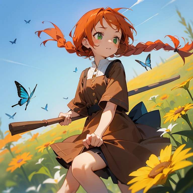 High Detail, Ultra Detail, Ultra High Resolution A cute and innocent girl, child, toddler, enjoying her time up in the sky riding her broomstick, surrounded by the beauty of nature, warm sun sprinkling on her, wildflowers gently swaying in the breeze, Butterflies and birds flutter around her, adding to the playful atmosphere, riding a broom stick up in a blue sky, (green eyes, red-orange hair, braided hairstyle)(wearing a brown dress)