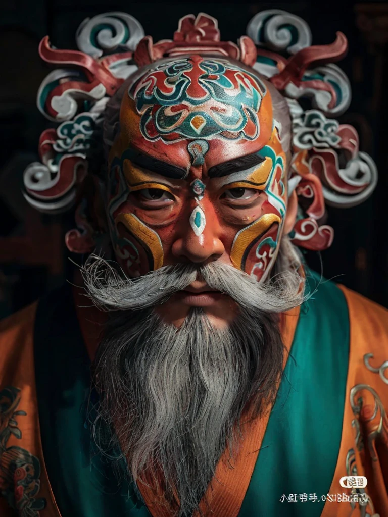 One with a beard、Close-up of man wearing colorful mask, chinese artist, oriental face, Inspired by Hu Zaobin, Chinese traditional, Chinese heritage, Chinese samurai, Chinese mythology, Chinese, In line with ancient Chinese aesthetics, There are complex patterns on the face, Asia face, ancient china art style, Taoist, inspired by Xie Huan, Taoist，Oriental Immortals