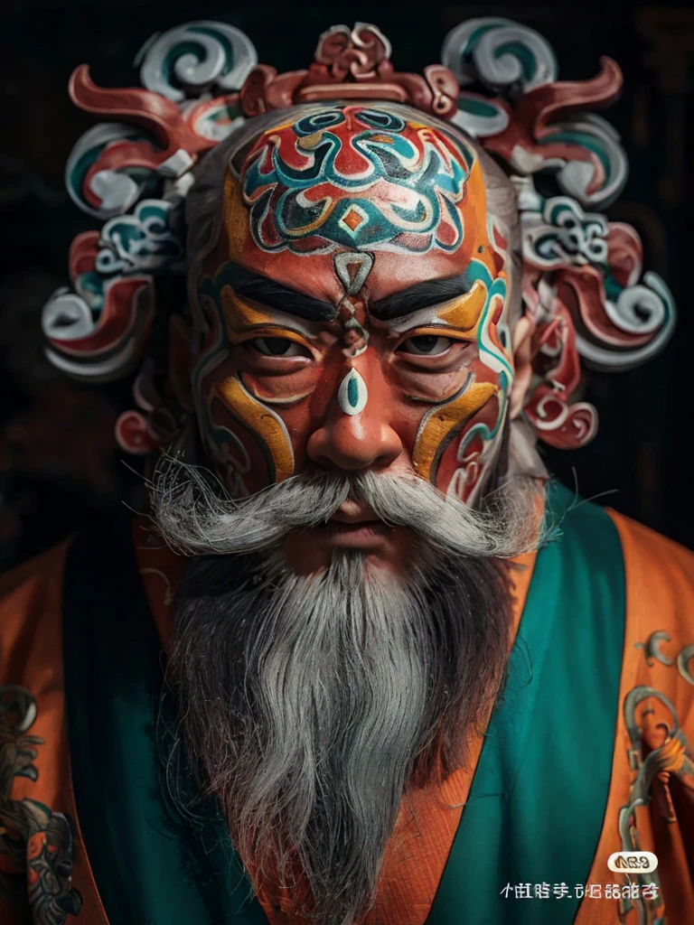 One with a beard、Close-up of man wearing colorful mask, chinese artist, oriental face, Inspired by Hu Zaobin, Chinese traditional, Chinese heritage, Chinese samurai, Chinese mythology, Chinese, In line with ancient Chinese aesthetics, There are complex patterns on the face, Asia face, ancient china art style, Taoist, inspired by Xie Huan, Taoist,Oriental Immortals
