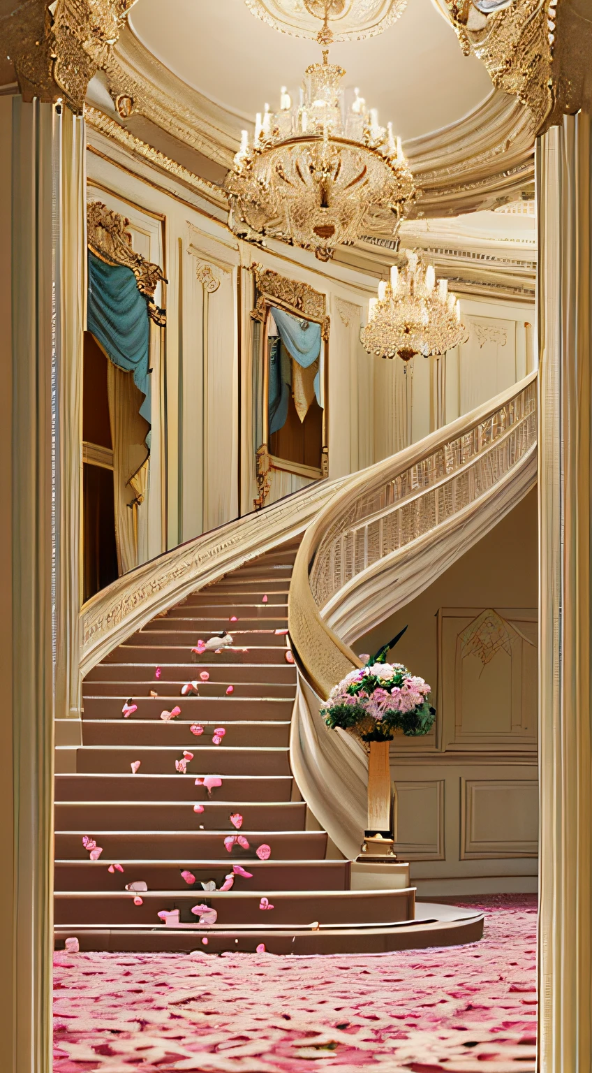 (Best quality, 4K, tmasterpiece :1.3), European style palace with flowers in bloom，long steps，curved hallways，Delicate chandeliers，During the day，Super gorgeous，Complicated details，vintage fantasy，wonderland，Hyper-realism，UHD resolution，Characters are not displayed