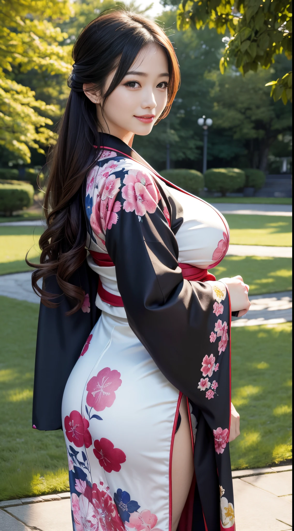 Best quality, masterpiece, ultra high res, in a park, (photorealistic:1.4), smiling, one beautiful woman,),((sweaty)), (kimono), Huge ass，Huge breasts, silk clothes, polite dress, beutiful kimono