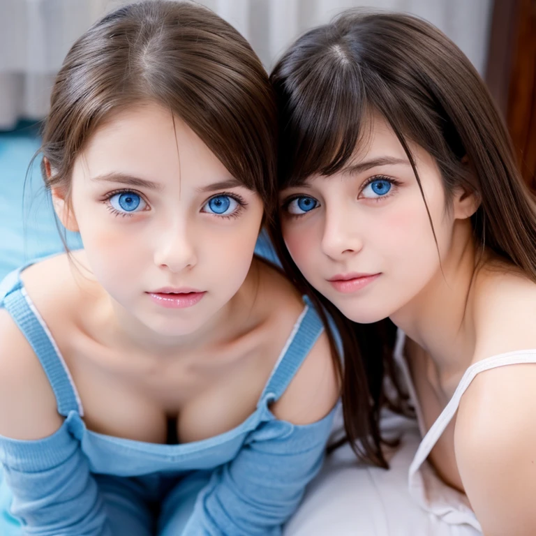 Stunning two Sweet Cuties.  photorealistic girl, eyes, blue eyes, skinny, girl, mini, real Beautiful face, firm buttocks, pussy licking, playing with her crotch, facesitting