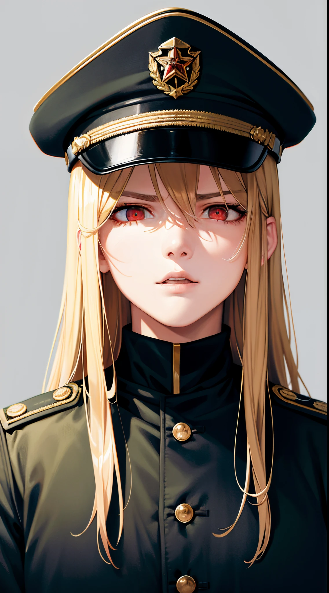 (best quality,highres),medium:oil painting,blond hair,red eyes,detailed facial features,military cap,military uniform,strong posture,intense gaze,severe expression,dark background,vivid colors,sharp focus,professional