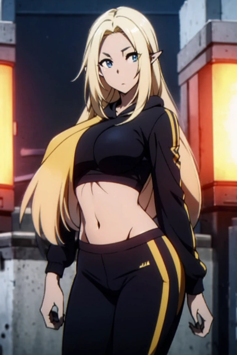 alpha, 1woman, solo, long hair, pointy ears, blonde hair, breasts,sexy body, large breasts, high quality, best quality, ultra detailed, masterpiece, wearing a crop top hoodie, Wearing tight sports pants, hair tying pose