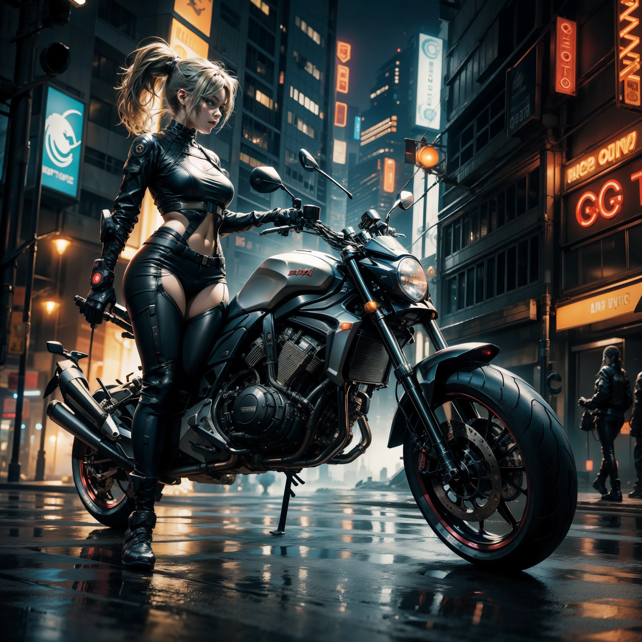 In a futuristic Cyber City, a cyberpunked girl with a ponytail rides a Hi-Tech motorcycle through the bustling streets. The townscape is filled with neon lights, holographic advertisements, and advanced technology. The girl's motorcycle is sleek and stylish, reflecting the innovative design of the near future. The streets are dominated by futuristic bikes, adding to the dynamic atmosphere of the scene. The girl's ponytail flows behind her as she maneuvers through the traffic, expressing a sense of freedom and adventure. The city is bathed in a vibrant color palette and the lighting creates a futuristic glow, enhancing the cyberpunk aesthetic. The image quality is of the highest standard, with ultra-detailed and realistic textures that showcase the advanced rendering capabilities. The prompt also incorporates the unique characteristics of cyberpunk art, such as the dystopian cityscape, technological advancements, and a blend of futuristic and vintage elements. Overall, the prompt immerses the viewer in a captivating cyberpunk world, capturing the essence of the theme while providing enough detail for Stable Diffusion to generate a high-quality and visually striking image.