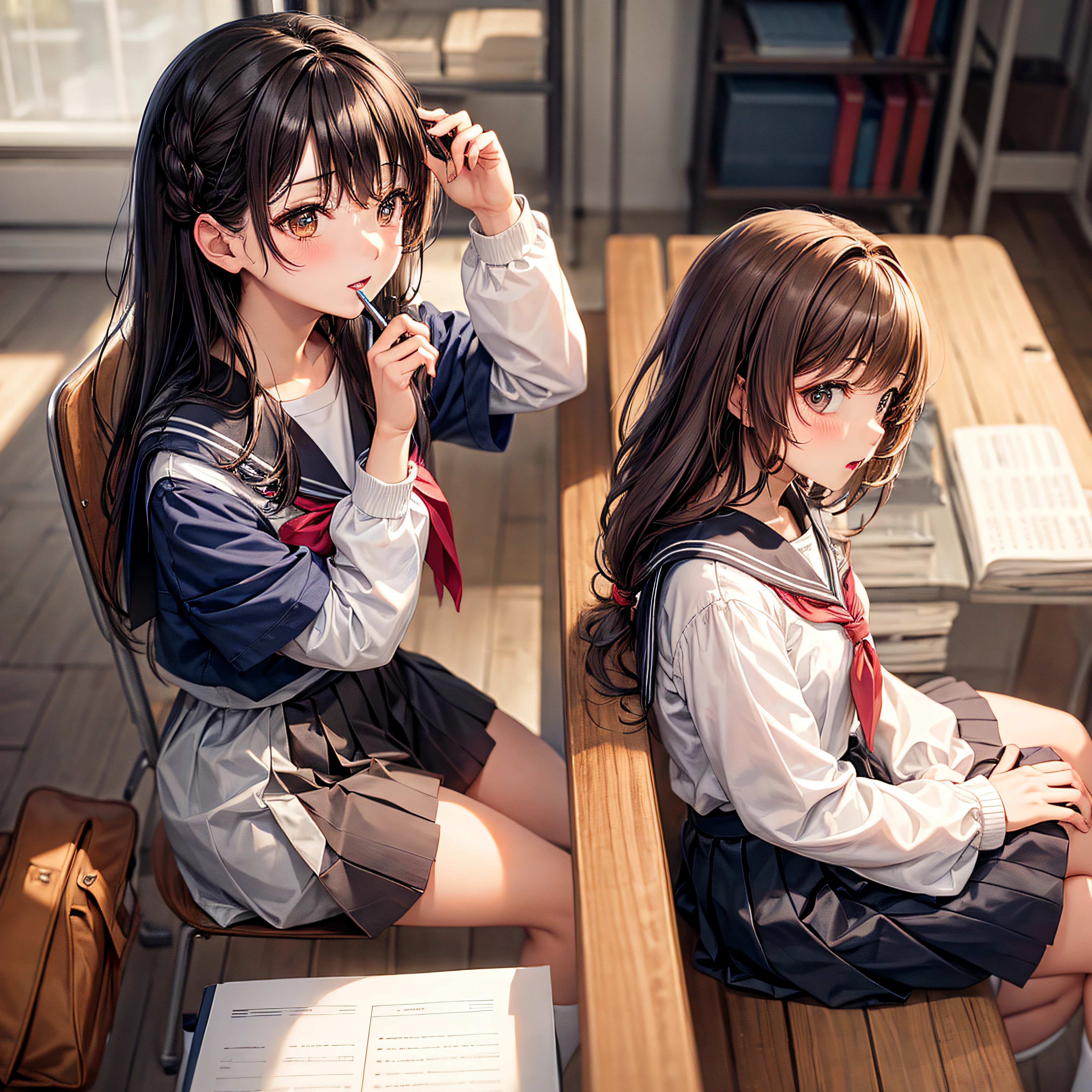 ((masterpiece, best quality)),best aesthetic,1 girl, uniform, table, sitting, table, brown hair, classroom, long hair, indoors, Chair, looking at the audience, :p, alone focus, brown eyes, skirt, long sleeves, pencil, 1 boy, pencil case, Paper, Fuku Kurosawa, pleated skirt, sailor collar, Bangs, headrest, Bag, school chair