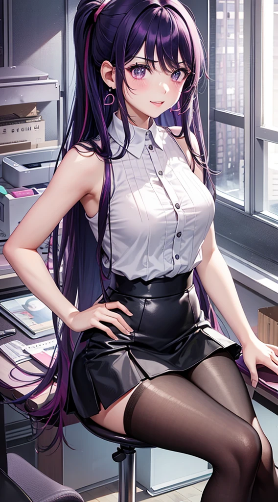 Character Details:, - Gender: 1 Girl.
- Style: Anime, - Body Type: Attractive body, slim body, nice legs, slim tights, nice arms, nice shoulders. - Breast: Small Breast
- Facial Features: Beautiful, Gorgeous, ager, Fresh, Young.
- Expression: Teeth Smile, Pink Blush on Face, Sexy Eyes, Sexy Look, Innocent Look., - Hairstyle: Blunt Bangs, Long Hair. - Hair Color: Dark Purple Hair.
- Clothing: White Shirt, Skirt, Stocking. - Body Pose: Sitting Pose
- Hand Pose: Hands on Hip
- Behaviour: Waiting, Want Something, Secretly.
- Accessories: Earrings., Environmental Details:, - Setting: Office Room., - Lighting: Natural Light., - Decoration: Modern Office Desk, Chair, Window, White Curtain, City View., pov, anime style, UHD, retina, masterpiece, accurate, anatomically correct, textured