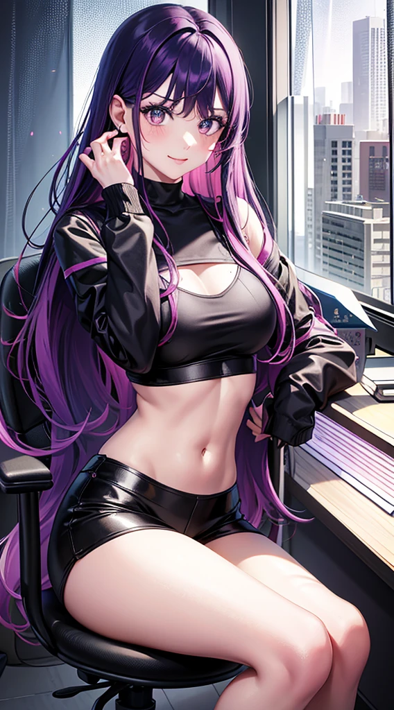 1 girl, beautiful face, seductive expression, long purple hair, flowing flowing, qi bangs, blue pupils, red face, slightly open lips, white tight hip skirt (black and green lines on both sides of the skirt), black tunic belt, black stockings (length to upper knee), white booties (wrapped around the ankles), sitting with legs up, graceful sitting position, full body, front view, detailed clothing details, dynamic angle, terminal harem, realistic, edge lighting, masterpiece 8k UHD, DSLR, high quality, high resolution, 8k, bokeh, absurd, gorgeous background, sci-fi background, futuristic background, detailed background detail, masterpiece, high quality,