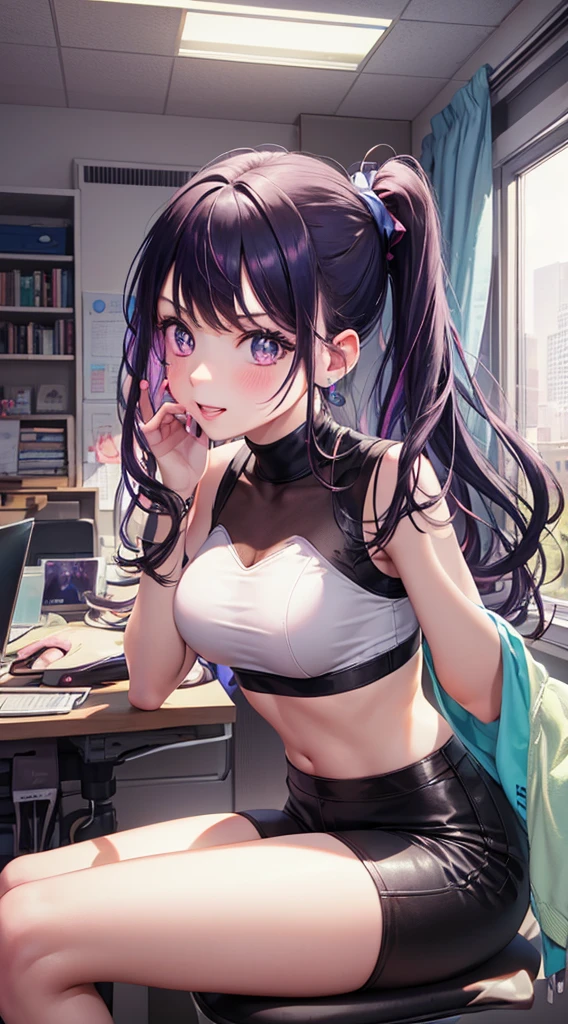 Character Details:, - Gender: 1 Girl. - Style: Anime, - Body Type: Attractive body, slim body, nice legs, slim tights, nice arms, nice shoulders. - Breast: Small Breast - Facial Features: Beautiful, Gorgeous, ager, Fresh, Young. - Expression: Teeth Smile, Pink Blush on Face, Sexy Eyes, Sexy Look, Innocent Look., - Hairstyle: Blunt Bangs, Long Hair. - Hair Color: Dark Purple Hair. - Clothing: Stylish high-waisted wide-leg pants with a crop top. - Body Pose: Sitting. - Behaviour: Waiting, Want Something, Secretly. - Accessories: Earrings., Environmental Details:, - Setting: Office Room., - Lighting: Natural Light., - Decoration: Modern Office Desk, Chair, Window, White Curtain, City View., pov, anime style, UHD, retina, masterpiece, accurate, anatomically correct, textured