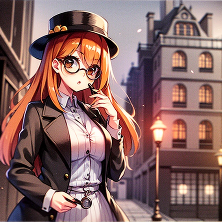 Girl,1880 atmosphere, detective outfit, monocle,orange long hair,short, buxom,puzzled face, magnifying glass
