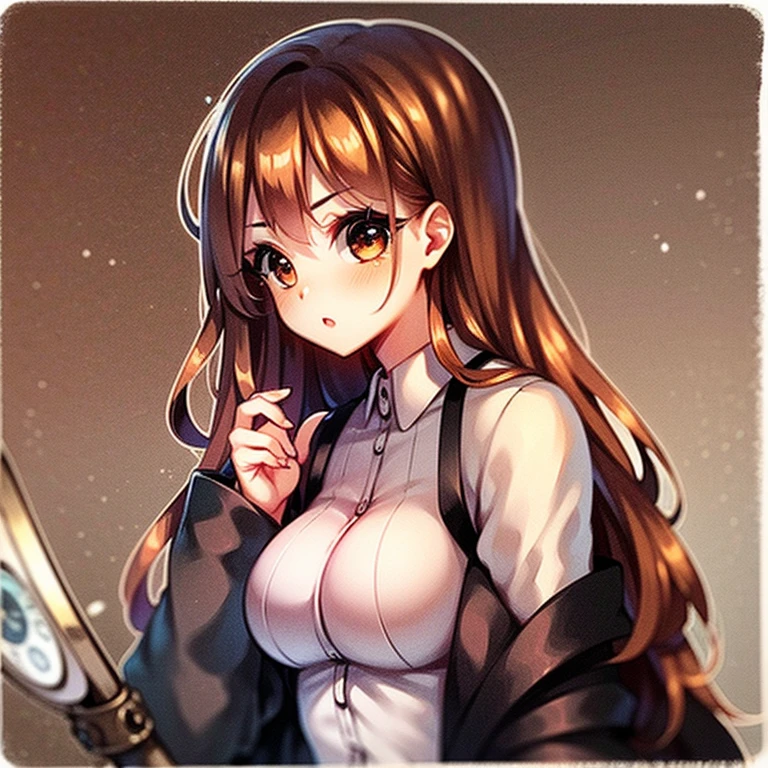 Girl,1880 atmosphere, detective outfit, monocle,orange long hair,short, buxom,puzzled face, magnifying glass