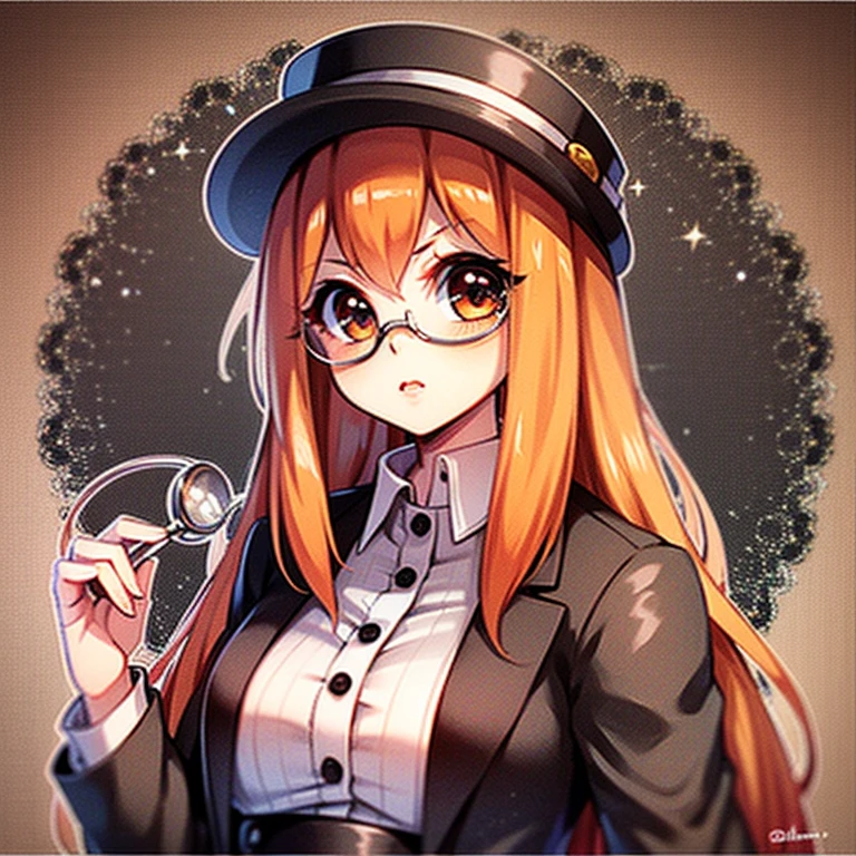 Girl,1880 atmosphere, detective outfit, monocle,orange long hair,short, buxom,puzzled face, magnifying glass