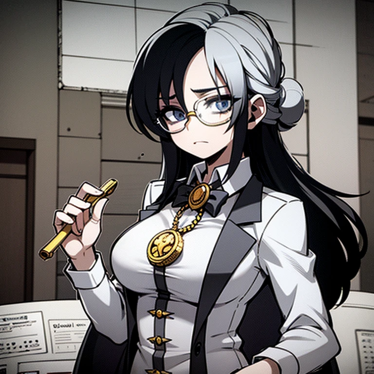 Girl,1880 atmosphere, detective outfit, singular monocle,orange long hair,short, buxom,puzzled face, magnifying glass