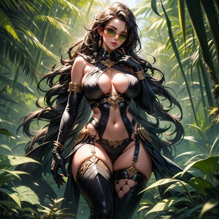 jungle battlefield,Black twist braid,green sunglasses,Middle Eastern face shape,Thin lip,Black non-slip gloves,Open the chest,Expose the lower half of the breast,Breast areola -imagine - --auto --s2
