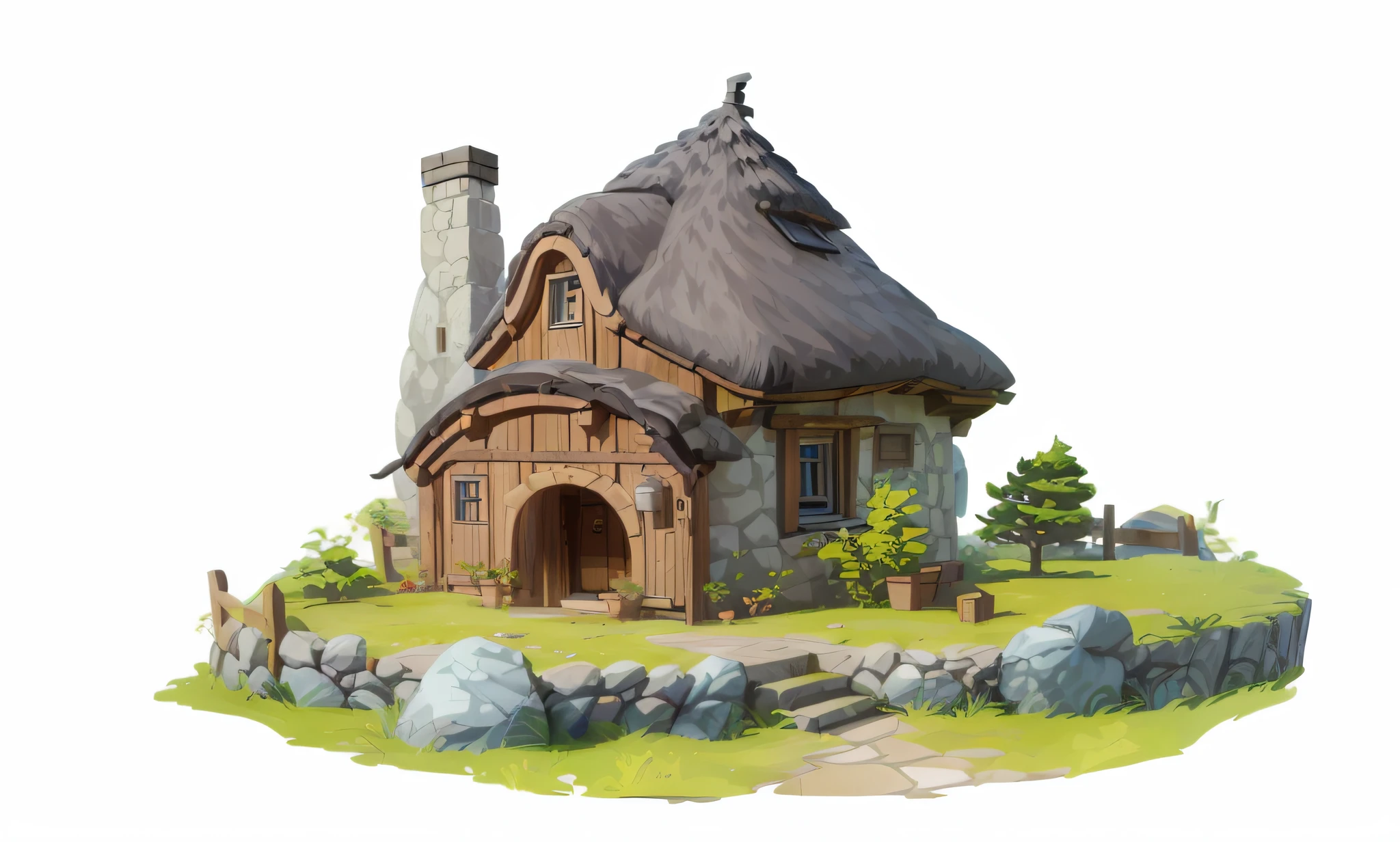Cartoon illustration of small house with thatched roof, stylized concept art, stylized 3d render, Small bungalow, stylized 3d render, black thatched cottage, stylized as a 3d render, Lodge, Depicted as game concept art, Isometric 3d fantasy cute house, arte de fundo, Round house and cute characters, detailed 2d illustration