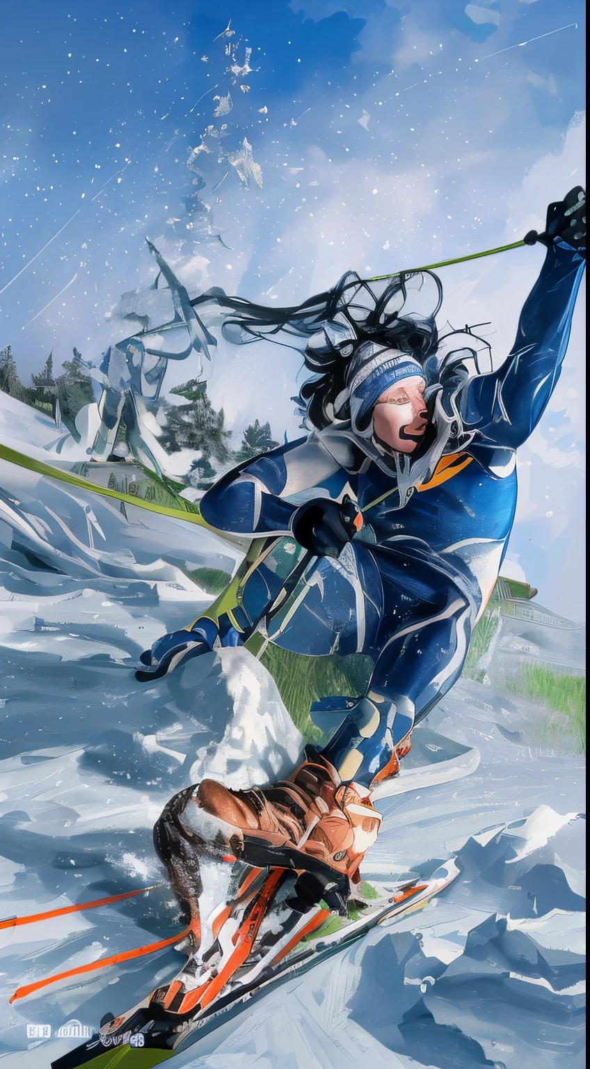 In the atmosphere of the ice and snow world，Athletes doing exaggerated skiing poses，strongcontrast，The strokes are obvious，Male athletes，Snow，Strong sense of atmosphere，sunlighting，Frozen
