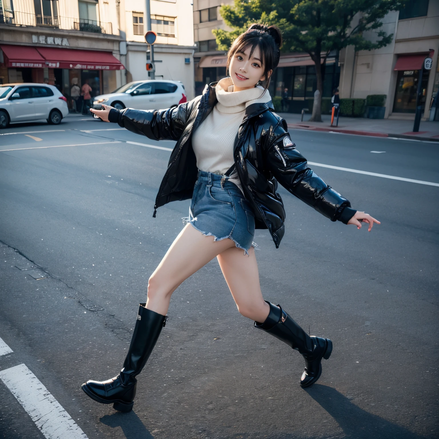 (ultra-detailliert,Detailed face,Detailed eyes,Detailed skin,Shiny skin:1.3), Detailed eyes,, a small face,big eye、Impatient face、Wearing a watch、look at my watch、In the street、Black Hair Bob、north face black down jacket、Walking、Transfer the whole body、long boots、muffler、Overall angle、A smile、Show from the legs to the head、Suzukaze Hirose、Angle of pull、stand and bend one leg、Walking:1.4