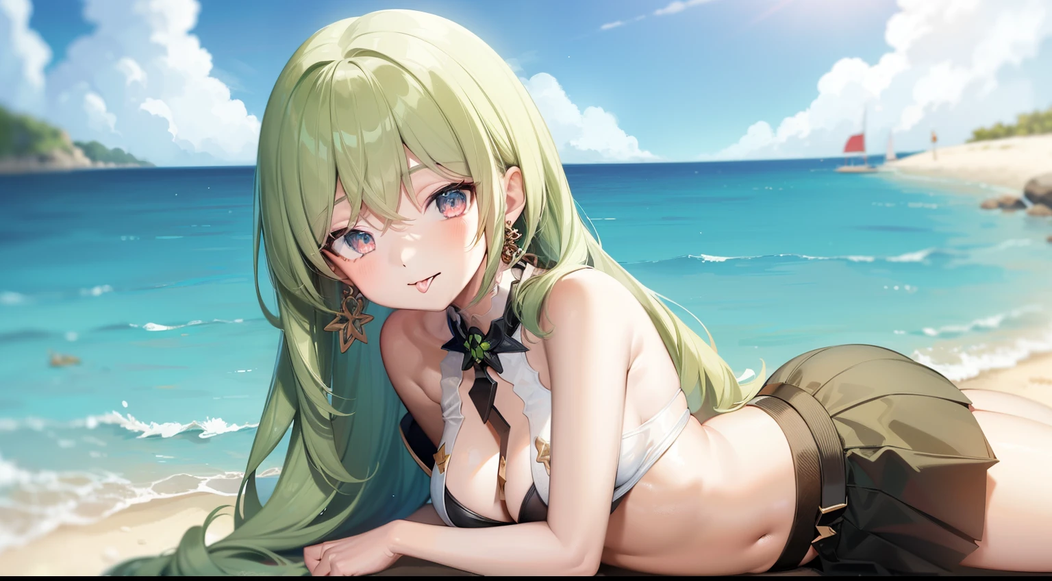 a anime girl wearing a mini skirt laying on the beach with the sea and sky behind her, skirt, mini skirt, 1girl, green hair, green eyes, outdoors, tongue, solo, lying, tongue out, beach, earrings, jewelry, looking at viewer, small , long hair, bangs,  shoulders, cleavage, day