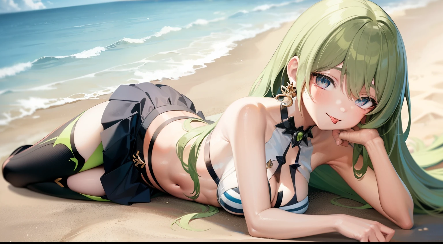 a anime girl wearing a mini skirt laying on the beach with the sea and sky behind her, skirt, mini skirt, 1girl, green hair, green eyes, outdoors, tongue, solo, lying, tongue out, beach, earrings, jewelry, looking at viewer, small breasts, long hair, bangs, bare shoulders, cleavage, day