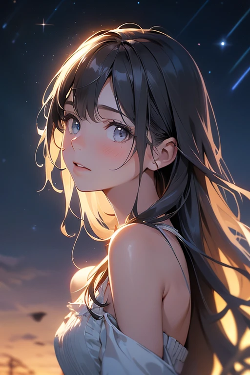 Film Portrait Photography, 1girl in, Bare shoulders, Wavy shoulder-length hair, Serene, Looking up at the night sky, Calm, (Realistic detailed eyes, Natural Skin Texture, Realistic face details), Soft dramatic lighting, depth of fields, Bokeh, vibrant detail, Finely detailed, hyper realisitic, 35mm Film, Hazy blur, filmg,