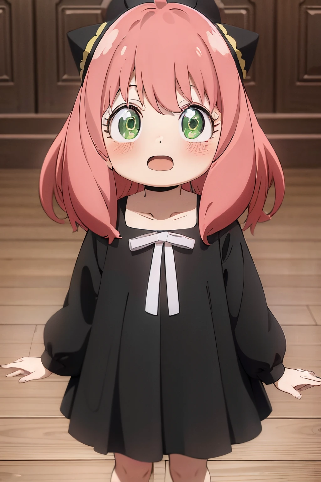 masuter piece, Best Quality, 超A high resolution, top-quality, Anime style, The best lighting, Beautiful face, Anime girl with pink hair and green eyes、Pointing something with a surprised look and a black cat hat、(1girl in:0.992)、(:D:0.583)、(bangss:0.701)、(red blush:0.584)、(verd s eyes:0.992)、(Look at viewers:0.711)、(Opening Mouth:0.760)、(A pink-haired:0.917)、(bow ribbon:0.826)、(shorth hair:0.571)、(A smile:0.855)、(独奏:0.949)、(tusk:0.770)、 (The upper part of the body:0.760)