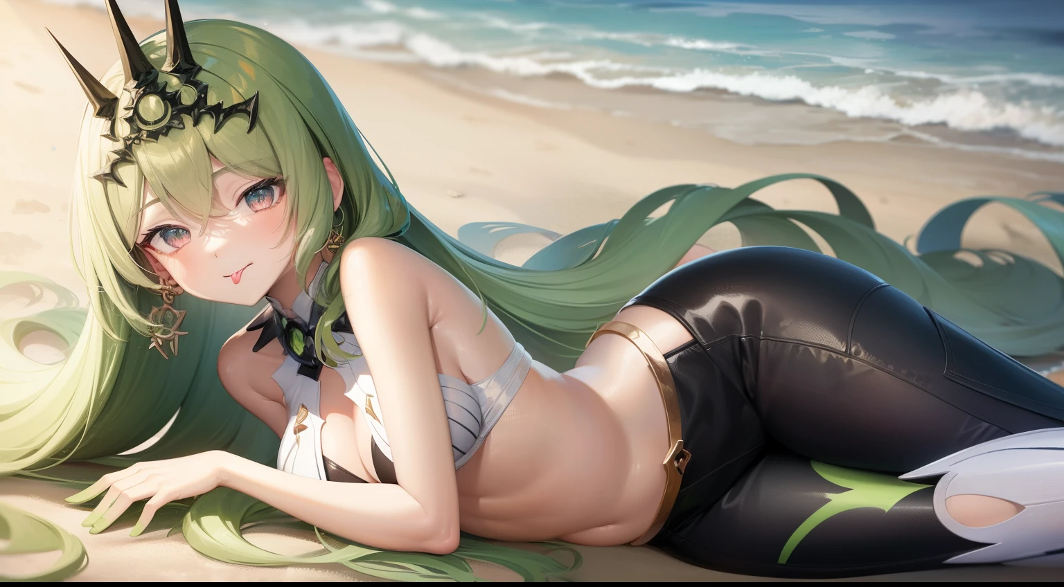 a anime girl wearing a mini skirt laying on the beach with the sea and sky behind her, skirt, mini skirt, 1girl, green hair, green eyes, outdoors, tongue, solo, lying, tongue out, beach, earrings, jewelry, looking at viewer, small breasts, long hair, bangs, bare shoulders, cleavage, day