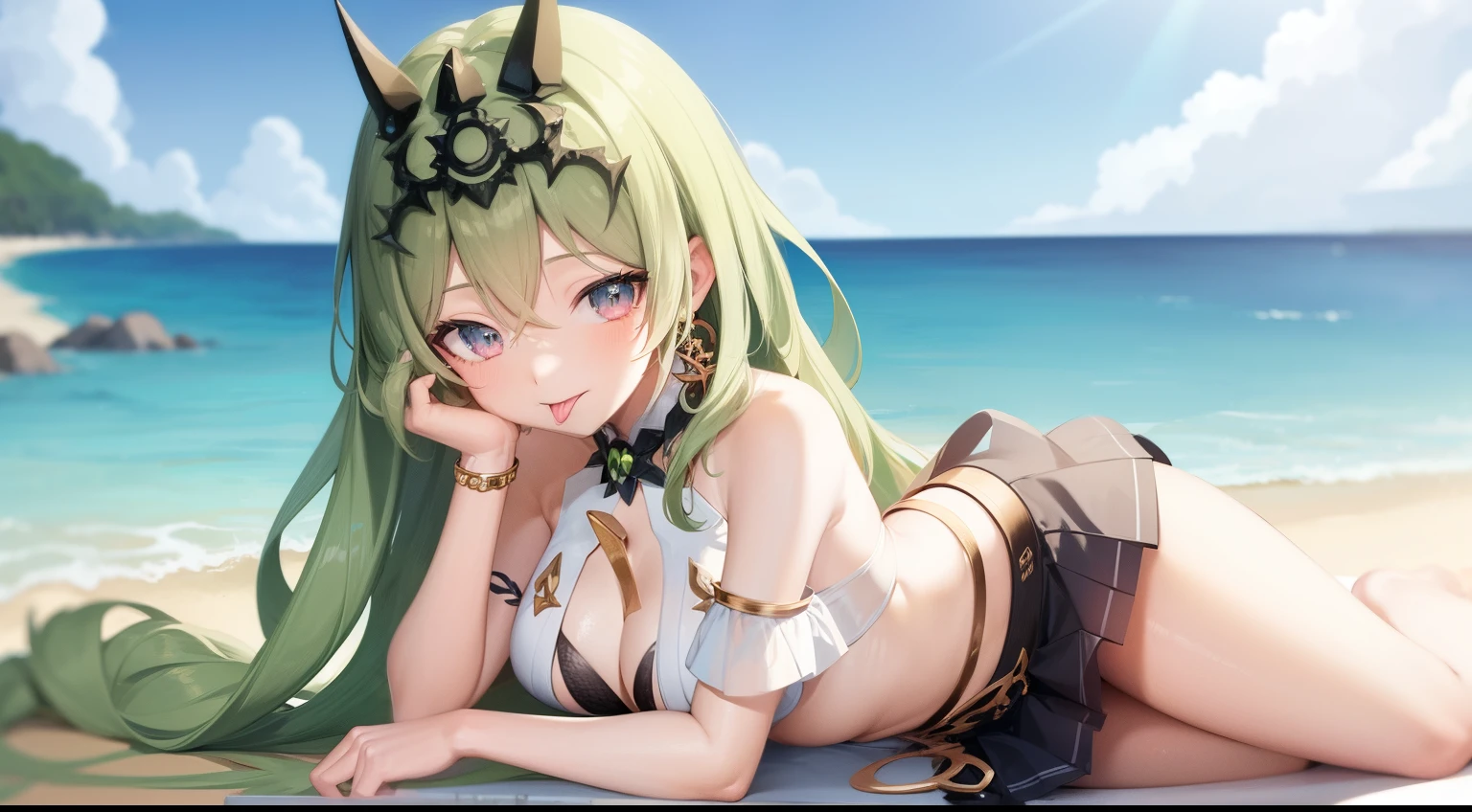 a anime girl wearing a mini skirt laying on the beach with the sea and sky behind her, skirt, mini skirt, 1girl, green hair, green eyes, outdoors, tongue, solo, lying, tongue out, beach, earrings, jewelry, looking at viewer, small ???????, long hair, bangs, ???? shoulders, cleavage, day