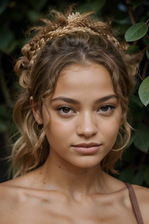 femme, yeux verts claire Elle a la peau brun olive, avec afro blond, femme magnifique, Afro blond bouclé, cheveux blond bouclé à la peau brune, cheveux bouclés, Une Brésilienne de 30 ans, Magnifique dame, Femme de 30 ans de Cuba, Portrait Rose bertram, , Jeune femme métisse, grosse poitrine, yeux verts, cheveux bouclé afro. photographie, ultra réaliste, réalité