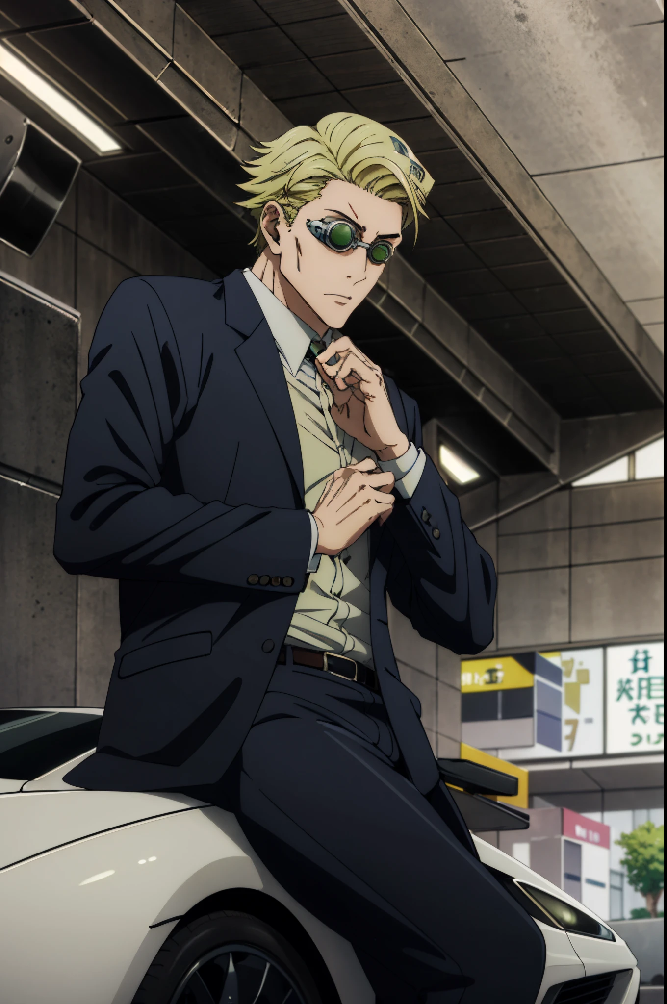 arafed man in a suit sitting on a white sports car,((KentoNanami)),masterpiece,highres,high quality,extremely detailed,goggles,tinted eyewear,serious,formal,