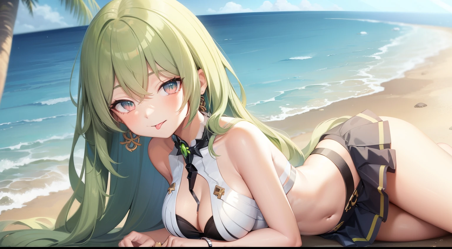 a anime girl wearing a mini skirt laying on the beach with the sea and sky behind her, skirt, mini skirt, 1girl, green hair, green eyes, outdoors, tongue, solo, lying, tongue out, beach, earrings, jewelry, looking at viewer, small breasts, long hair, bangs, bare shoulders, cleavage, day