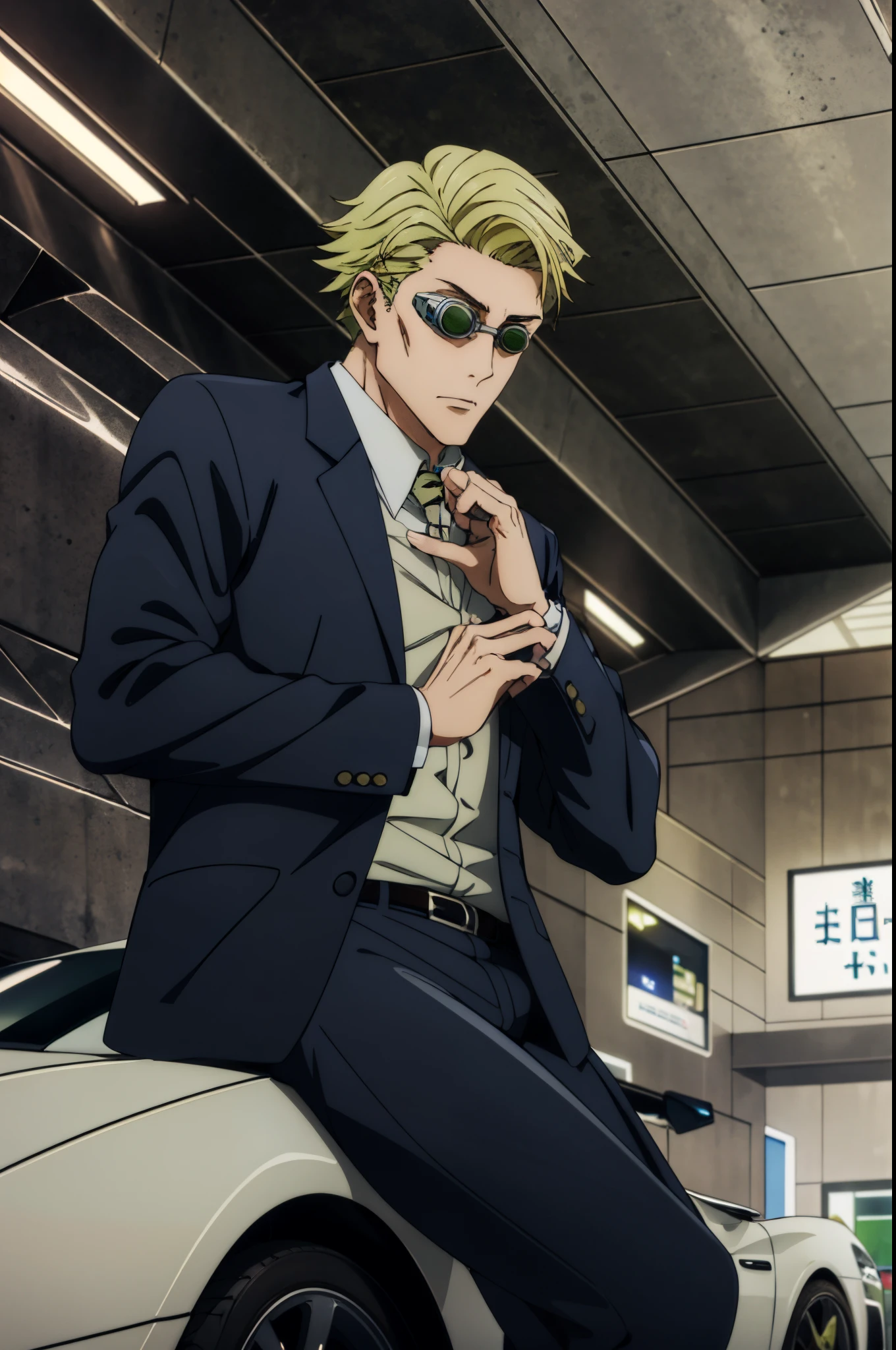 arafed man in a suit sitting on a white sports car,((KentoNanami)),masterpiece,highres,high quality,extremely detailed,goggles,tinted eyewear,serious,formal,