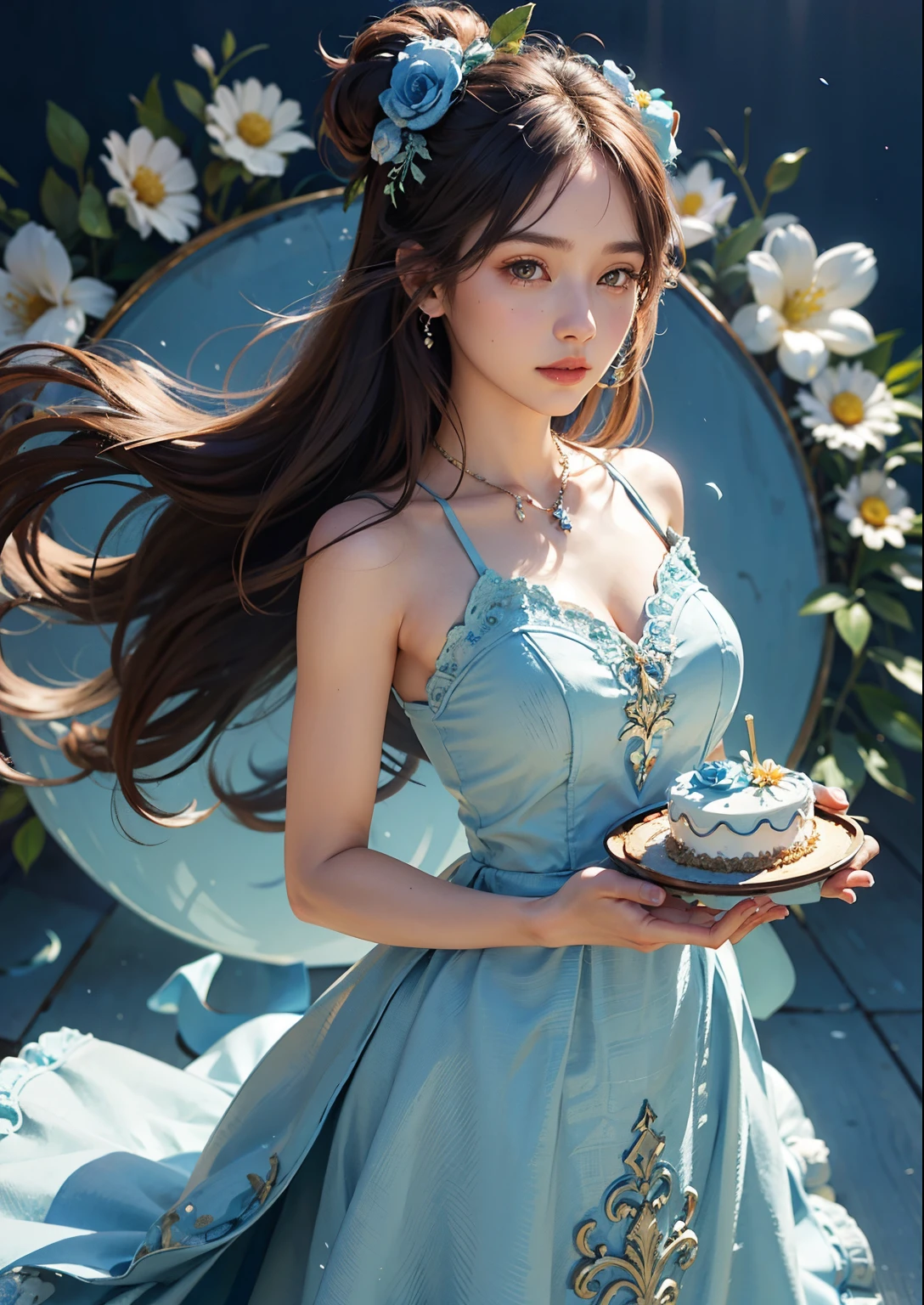 long, floated hair,The eyes are large, round and watery,Flower wall background,Beautifully carved blue birthday cake,Wear an elegant long dress,dream-state,Happy