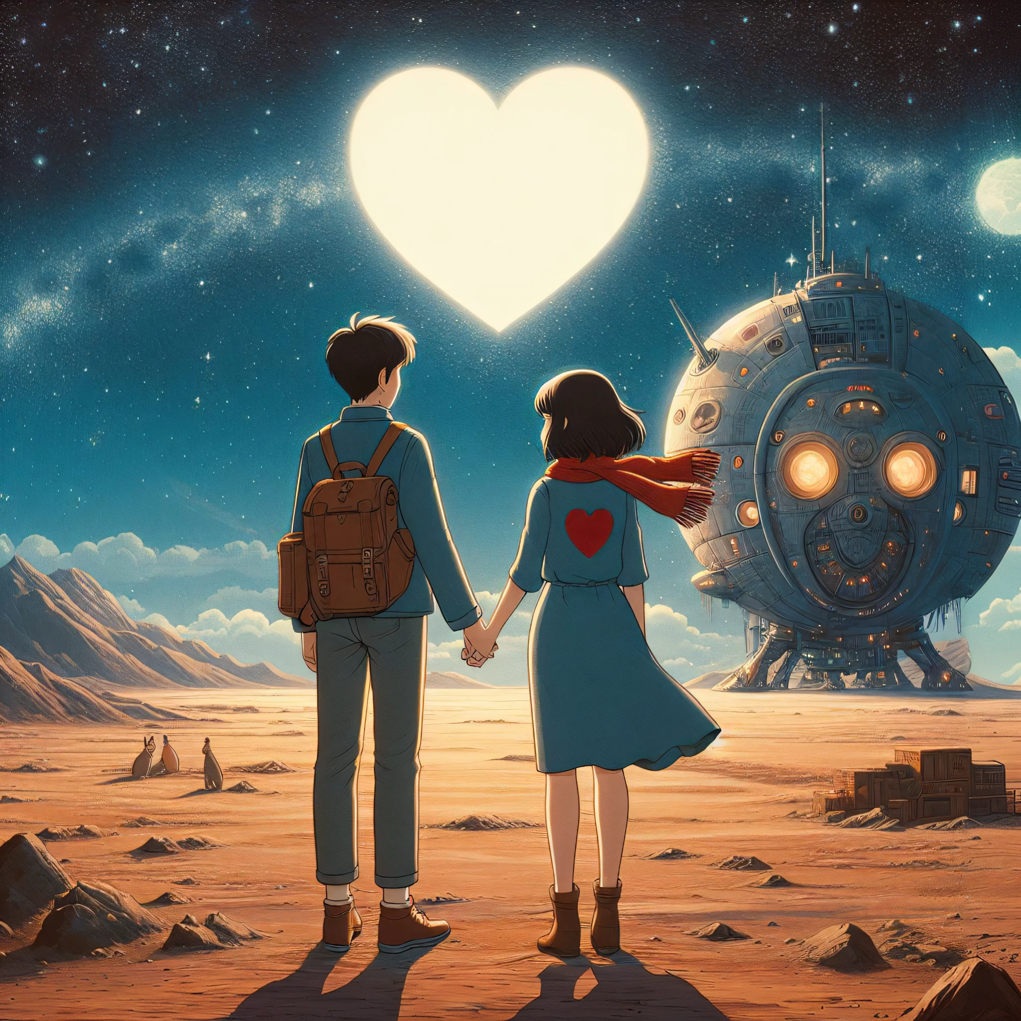 Anime couple standing in front of spaceship in desert, Love concept art, makoto shinkai cyril rolando, Cyril Rolando and M. wakaluta, Cyril Rolando and M.wakaluta, Beeple and Jeremiah Ketner, in the style of Cyril Rolando, inspired by Cyril Rolando, lofi art