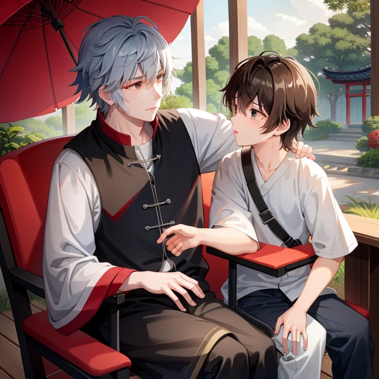 Under the sun,Old man and young man talking face to face,Peaceful surroundings。
