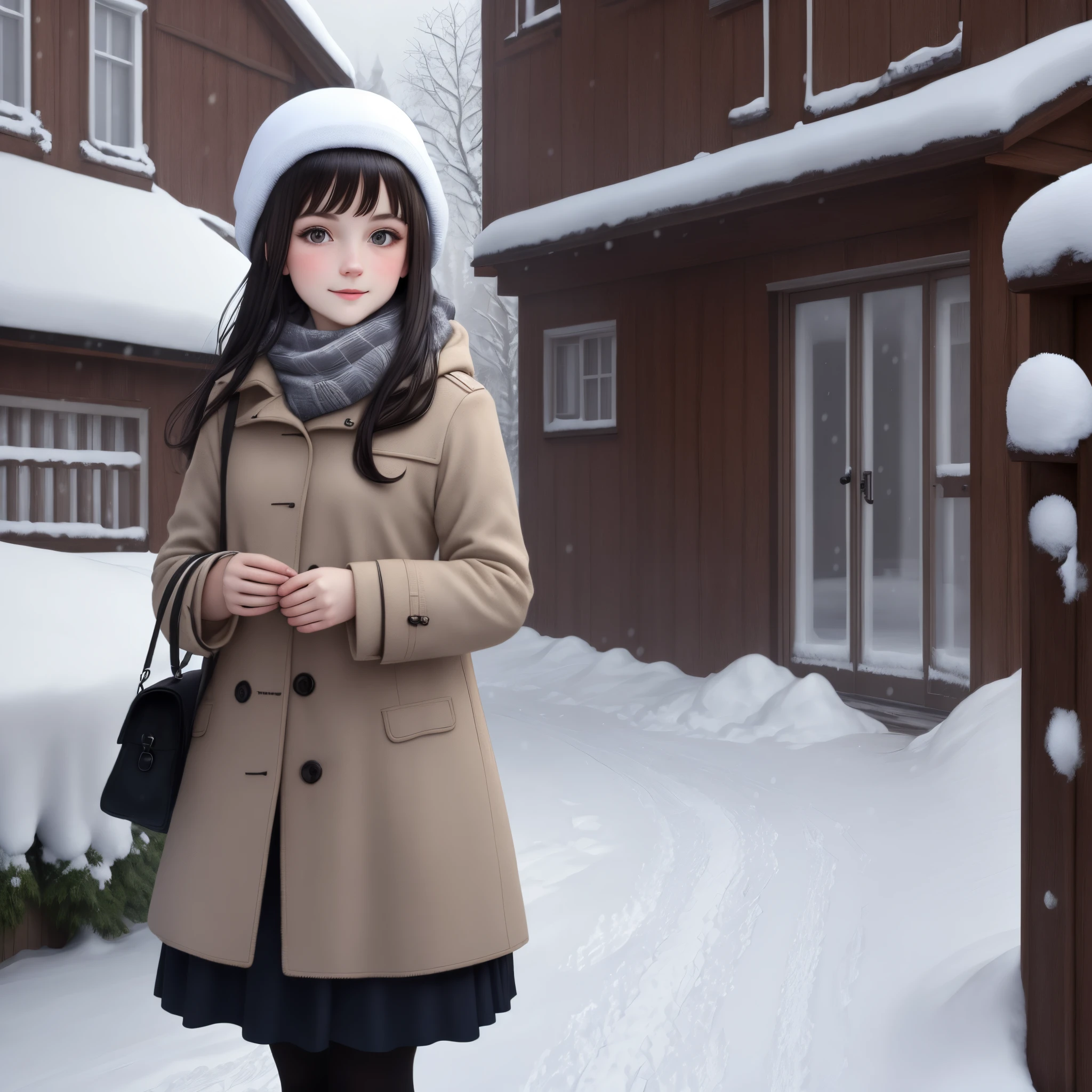 Polish girl with dark hair, in snow