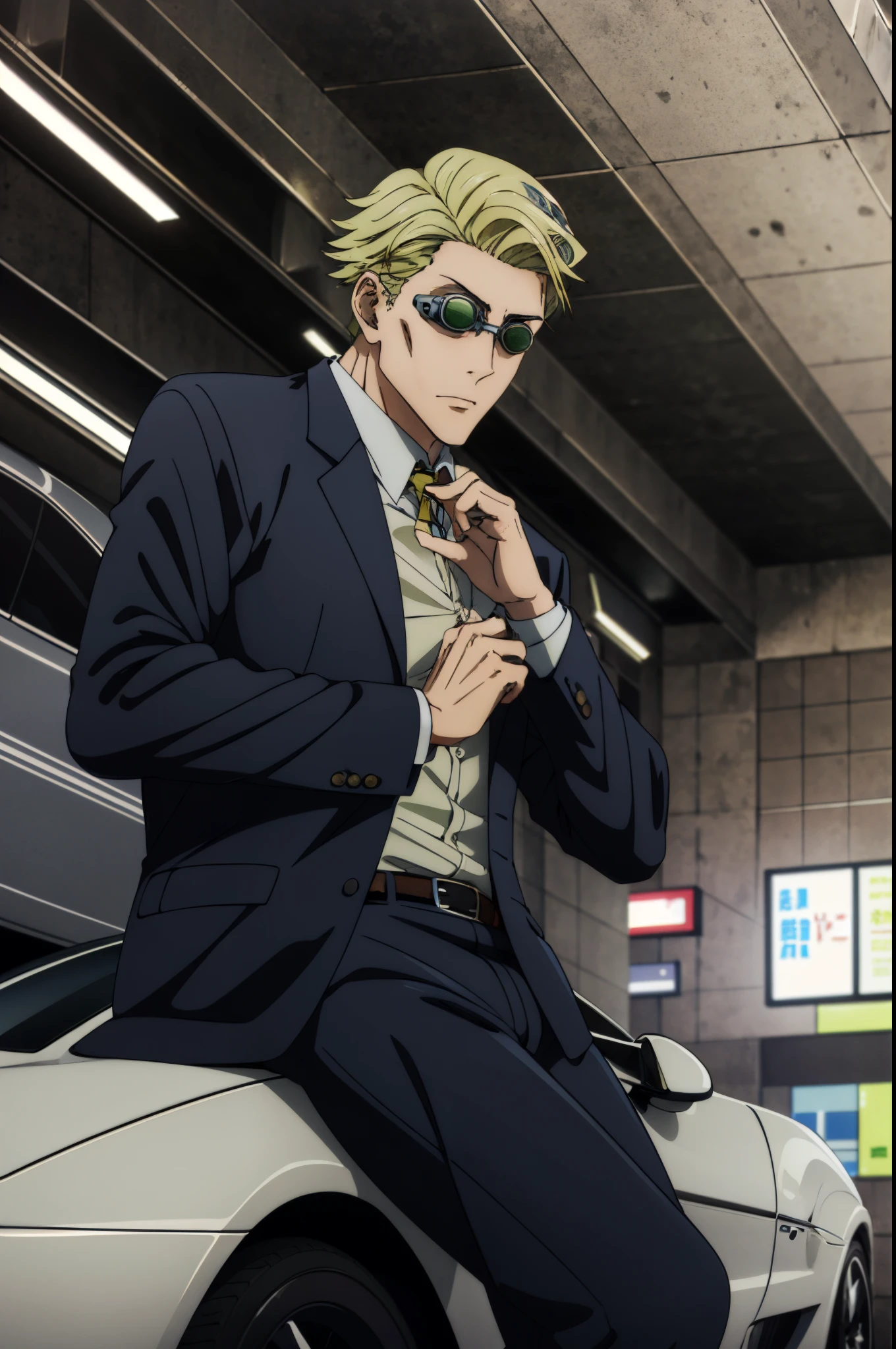 arafed man in a suit sitting on a white sports car,((KentoNanami)),masterpiece,highres,high quality,extremely detailed,goggles,tinted eyewear,serious,formal,