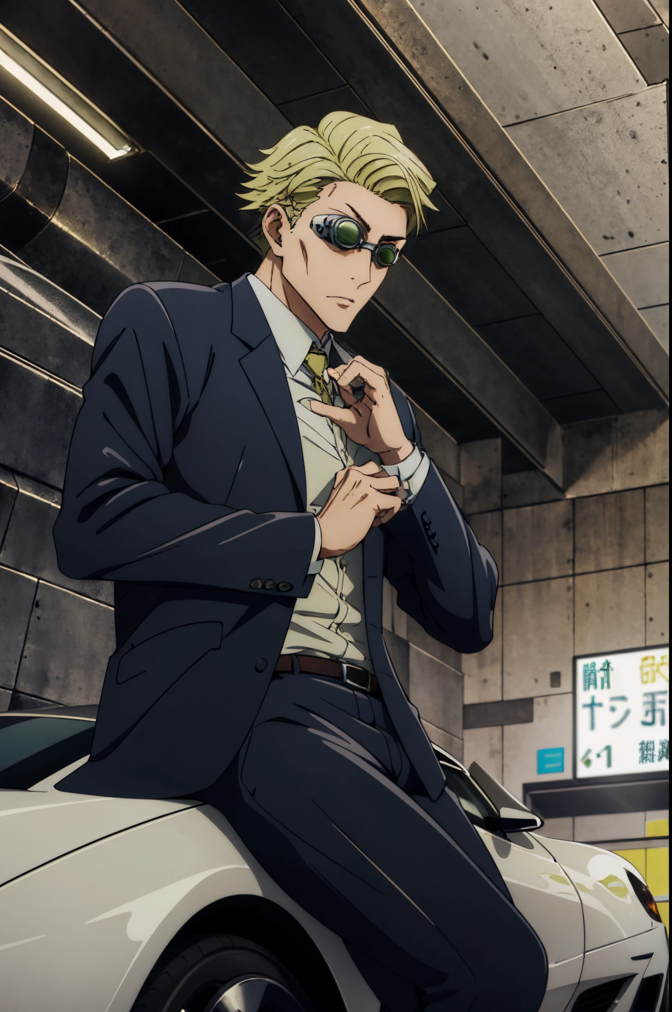 arafed man in a suit sitting on a white sports car,((KentoNanami)),masterpiece,highres,high quality,extremely detailed,goggles,tinted eyewear,serious,formal,