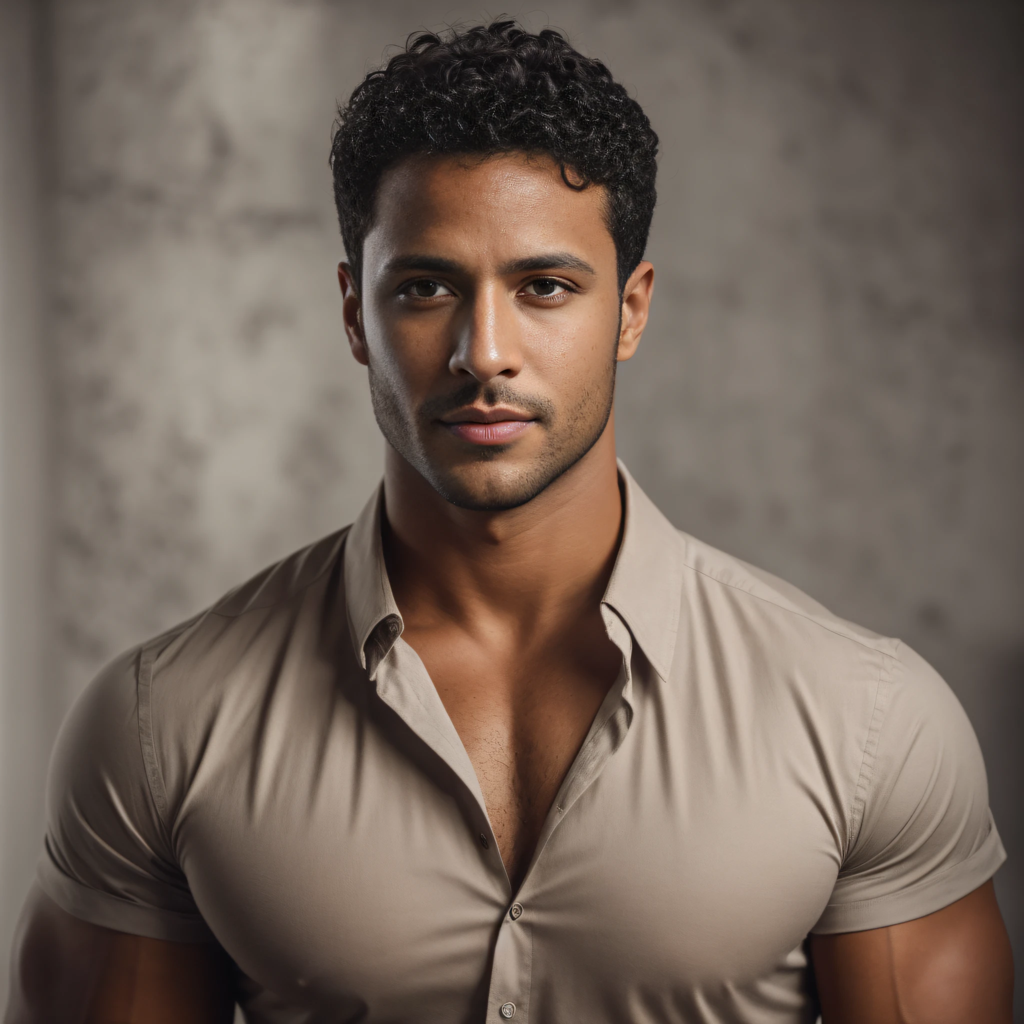 Man in shirt posing for photo in studio, strong masculine features, Homem magro com pele bronzeada clara, macho atraente, Macho bonito, homem atraente, modelo masculino, masculino e bonito, rosto e corpo atraentes, jovem bonito, masculine features, homem musculoso atraente, linha angular do maxilar, bonito e atraente, um homem bonito, cabelo curto preto, Daniel Sunjata 8k