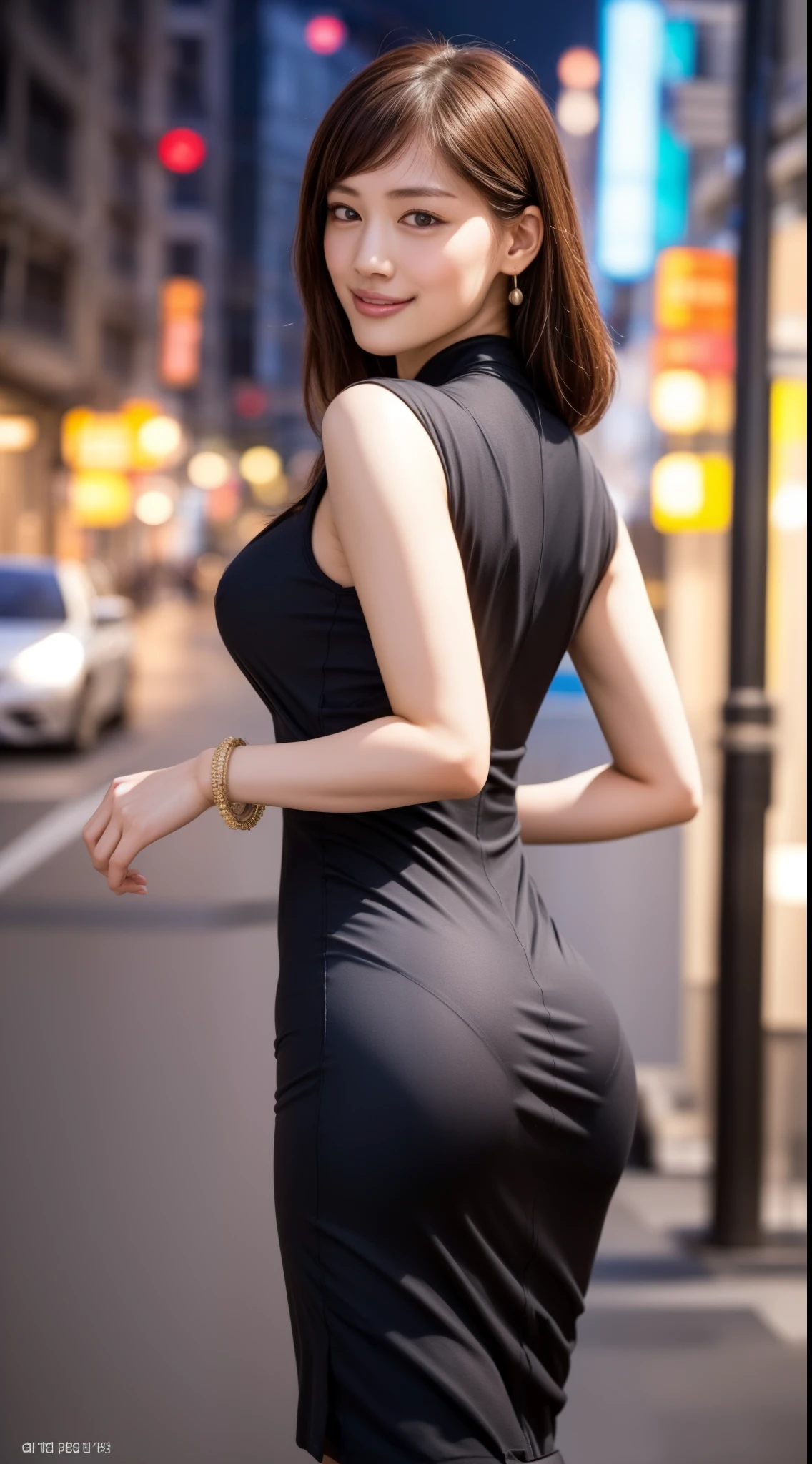 8K, masutepiece, Raw photo, Best Quality, Photorealistic, Highly detailed CG Unity 8k wallpaper, depth of fields, Cinematic Light, Lens Flare, Ray tracing, (Extremely beautiful face, Beautiful lips, Beautiful eyes), intricate detail face, ((Ultra detailed skin)) 1girl in, In the Dark, deepshadow, Pretty Korean girl, Kpop Idol, 1 girl, (Very slim and slender fit muscular body:1.3), ((Looking at Viewer)),(Big smile:1.3), (Fashion City Night, a dark night, (Neon sign), (Blurred background), Fashion Street Night),(No people in the background:1.3), Beautiful earrings, Bracelets, Necklace, pantyhose, Clear eyes, Walking, (pale skin), (Big eyes), Face forward, (Brown hairs), (Full body shot), (()), (()), , (Looking at Viewer:1.3) opened breast, Very slim, Colossal tits, backtrack, (Back shot), ass forcus, Before the eyebrows,(((Rubber Dress))), thick thighs,